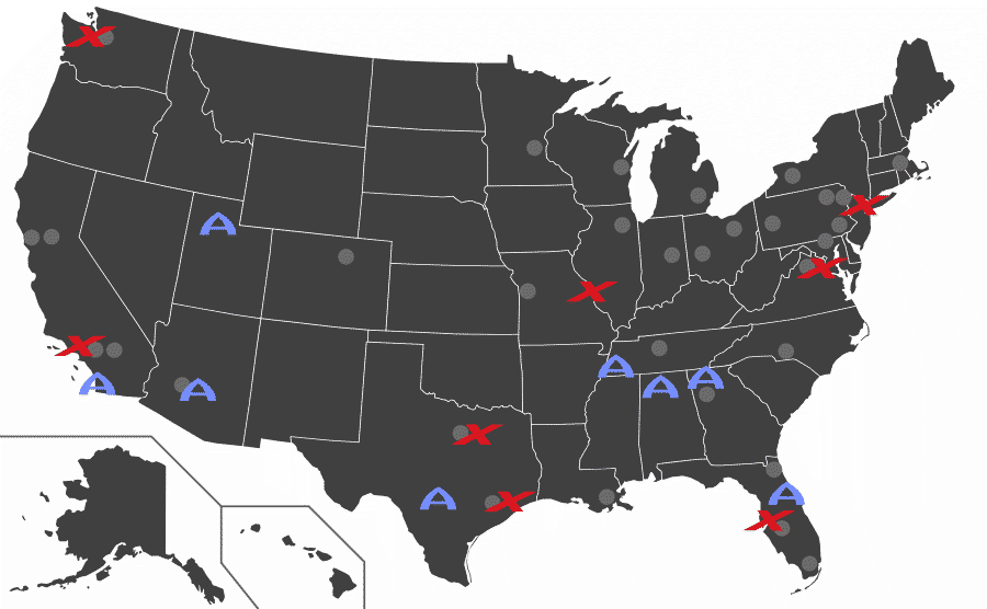 Karte mit den NFL-, AAF- und XFL-Teams
